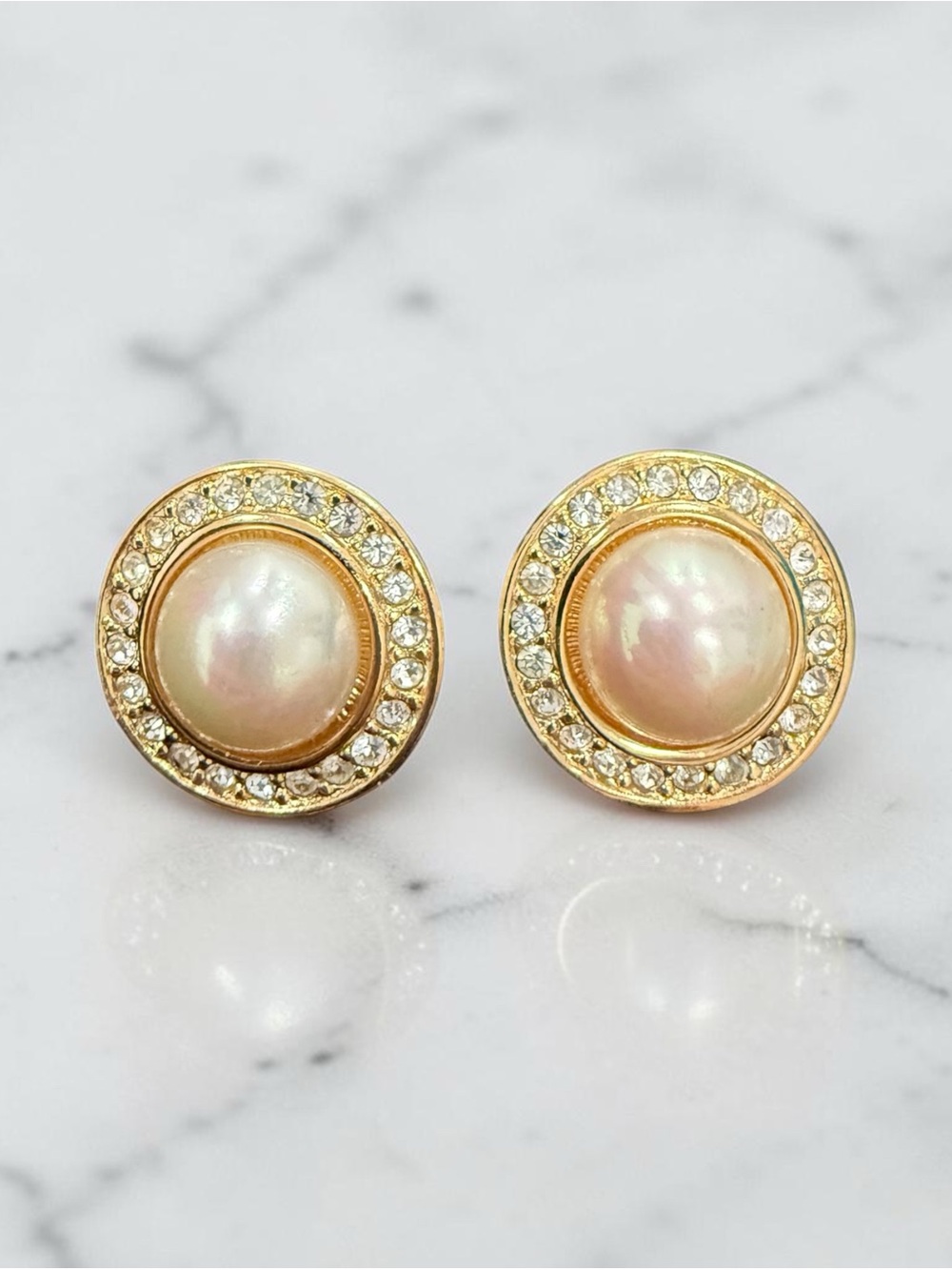 Dior Gold-Tone Faux Pearl Earrings with‎ Crystal Surround